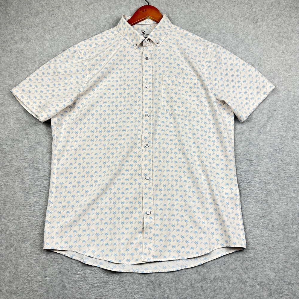 International Report Palm Tree Button Down Shirt Mens Large White Blue Polyester